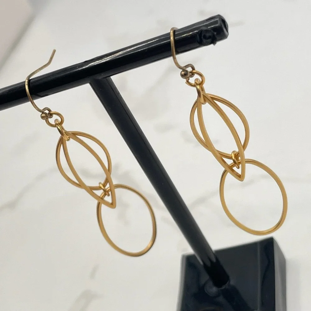 Vintage Gold Tone Geometric Marquise Link Dangle Drop Earrings Oval For‎ Women